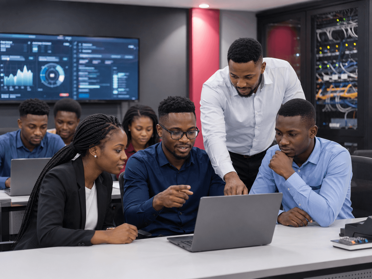 Loctech learners and instructor collaborating in a professional technology training lab